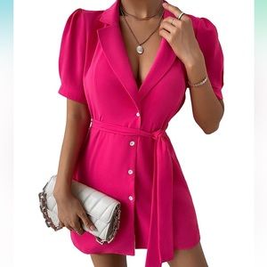 💖 Hot Pink Puff Sleeve Collared Tie Belt Button  Shirt Dress